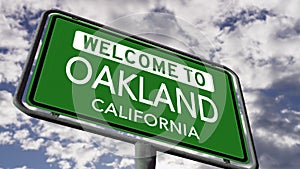 Welcome to Oakland California, US City Road Sign Close Up Realistic 3D Animation