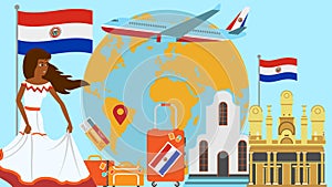 Welcome to Paraguay postcard. Travel and journey concept of Latinos country vector illustration with national flag of Paraguay