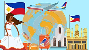 Welcome to Philippines postcard. Travel and journey concept of Latinos country vector illustration with national flag of