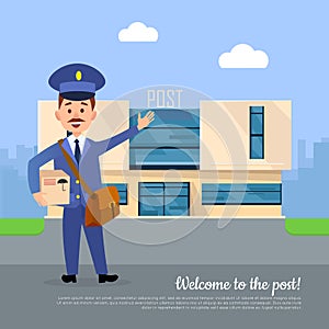 Welcome to Post Banner. Postman Pointing on Office