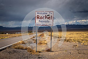 Welcome to Rachel street sign on SR-375 in Nevada, USA photo