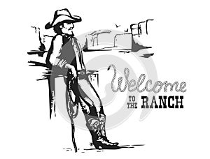 Welcome to the ranch. American Cowboy on wild west sunset landscape