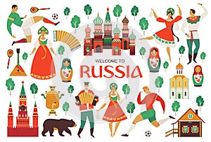 Welcome to Russia. Russian sights and folk art. Football championship in 2018. Flat design Vector illustration.