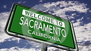 Welcome to Sacramento, California. USA City Road Sign Close Up Realistic 3D