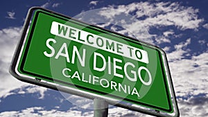 Welcome to San Diego California, US City Road Sign Close Up, Realistic Animation