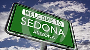 Welcome to Sedona Arizona, USA City Road Sign Close Up, Realistic 3D Animation