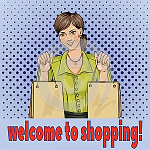 Welcome to shopping pop art woman with shopping bags.