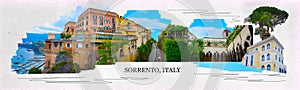 Welcome to Sorrento concept image. Panoramic collage of cliff coastline Sorrento and Gulf of Naples, Italy.