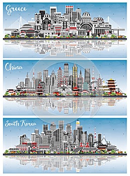 Welcome to South Korea, China and Greece City Skylines Set with Gray Buildings and Blue Sky.