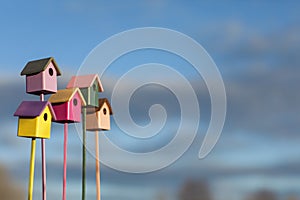 Welcome to the spring garden birds to a group of colorful wooden birdhouses on a blue sky background