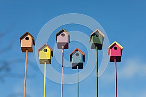 Welcome to the spring garden birds to a group of colorful wooden birdhouses on a blue sky background