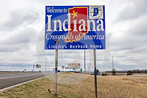 Welcome to the State of Indiana - Roadsign along Interstate 70 towards St. Louis, MO.