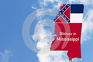 Welcome to the state of Mississippi road sign in the shape of the state map with the flag