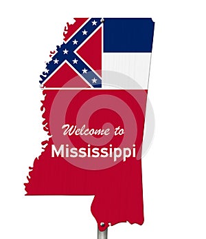 Welcome to the state of Mississippi road sign in the shape of the state map with the flag