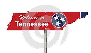 Welcome to the state of Tennessee road sign in the shape of the state map with the flag