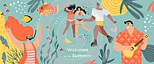 Welcome to summer concept with women with cocktails, roller skating guy, diving girl and man playing guitar