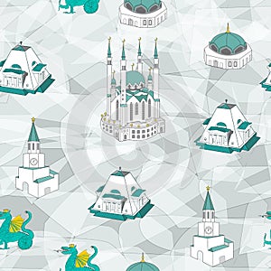 Welcome to Tatarstan. Tatar Mosque Qol Sharif and trasitional tatar ornament. Hand drawing vector illustration. Kazan