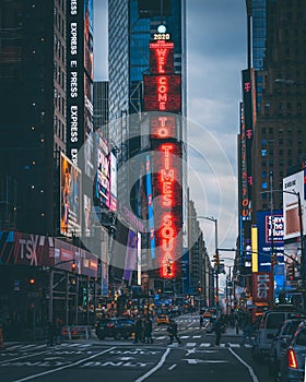 Welcome to Times Square sign in Midtown Manhattan, New York City