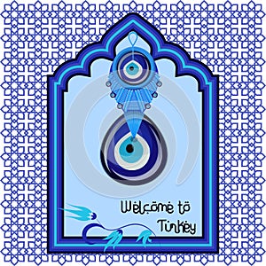 Welcome to Turkey greeting cart template with turkish traditional glass amulet boncuk, evil eye photo