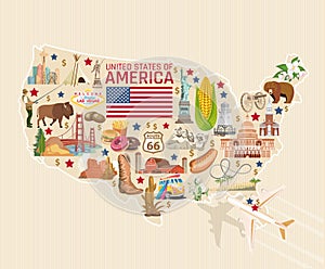 Welcome to USA detailed card. United States of America poster with statue of liberty