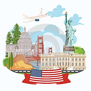 Welcome to USA. United States of America greeting card with US flag. Vector illustration about travel
