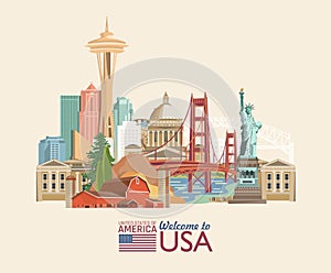 Welcome to USA. United States of America poster with american sightseeings. Vector illustration about travel