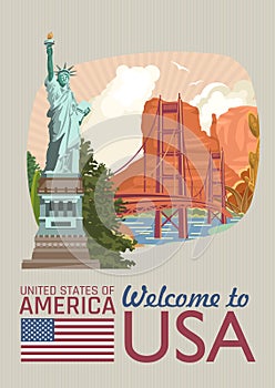 Welcome to USA. United States of America poster with american sightseeings in vintage style. Vector illustration about travel