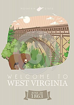 Welcome to West Virginia travel banner with bear. Mountain state. USA colorful poster with map