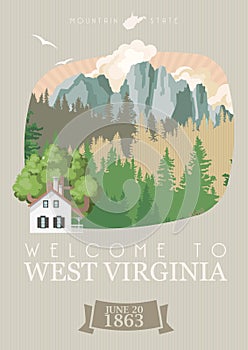 Welcome to West Virginia travel postcard. Mountain state. USA colorful poster with map