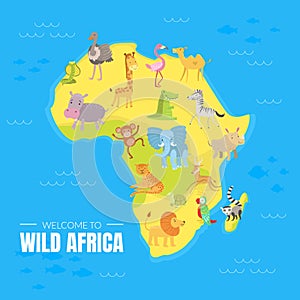 Welcome to Wild Africa Banner Template with Map of African Continent, Exotic Animals and Birds Vector illustration