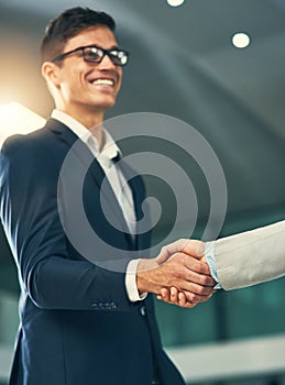 Welcome to the winners side. two businessmen shaking hands in a modern office.