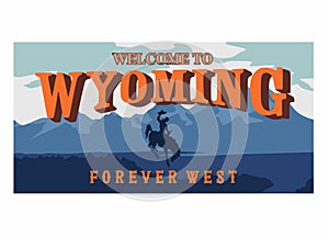 Welcome to Wyoming in a dark blue cowboy silhouette