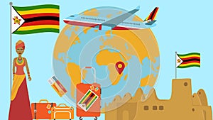 Welcome to Zimbabwe postcard. Travel and safari concept of Africa world map vector illustration with national flag welcome