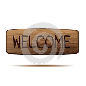 Welcome wooden sign on white background.