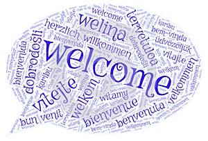 Welcome word cloud in different languages blue callout