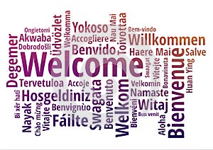 WELCOME word cloud in different languages, concept purple low poly background