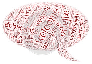 Welcome word cloud in different languages red callout