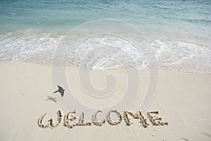 Welcome written in a tropical beach.