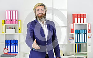 Welcome. You hired. Welcome team member. Recruiter professional occupation. Man bearded manager recruiter in office