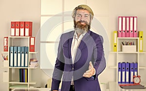 Welcome. You hired. Welcome team member. Recruiter professional occupation. Man bearded manager recruiter in office