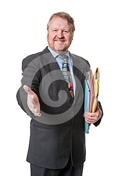 Welcoming businessman with folders - on white