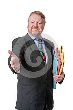 Welcoming businessman with folders - on white