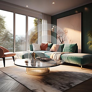 Welcoming Living Room: Luxurious Couch, Refined Table & Vibrant Color Palette