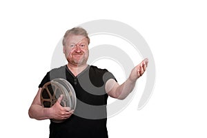 Welcoming man,holding film reels