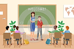 Welcoming new schoolboy vector illustration. Female teacher presents newbie to groupmates cartoon characters