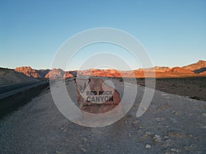 Welcoming sign by the road of Red Rock Canyon National Conservation Area. Nevada, USA.