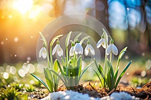 Hello spring background, first spring flowers snowdrops with place for text photo