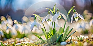 Hello spring background, first spring flowers snowdrops with place for text photo