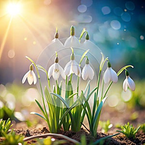 Hello spring background, first spring flowers snowdrops with place for text photo
