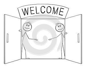 Welcoming, Welcome and Enter the Door, Vector Cartoon Stick Figure Illustration